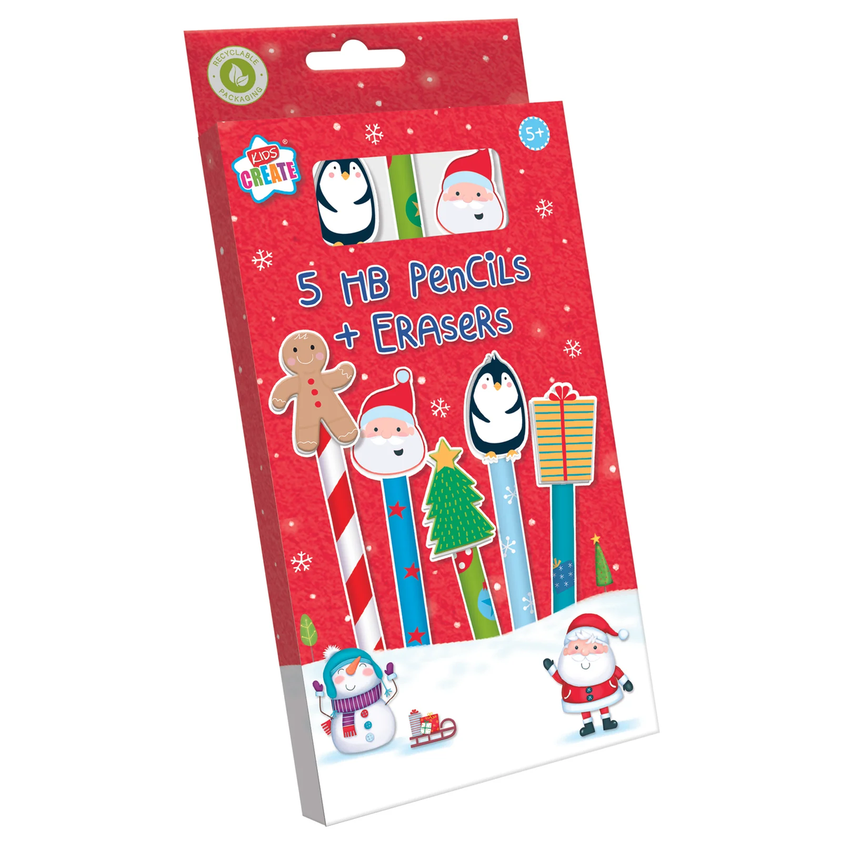 5pcs Pencils W/Eraser Toppers Christmas