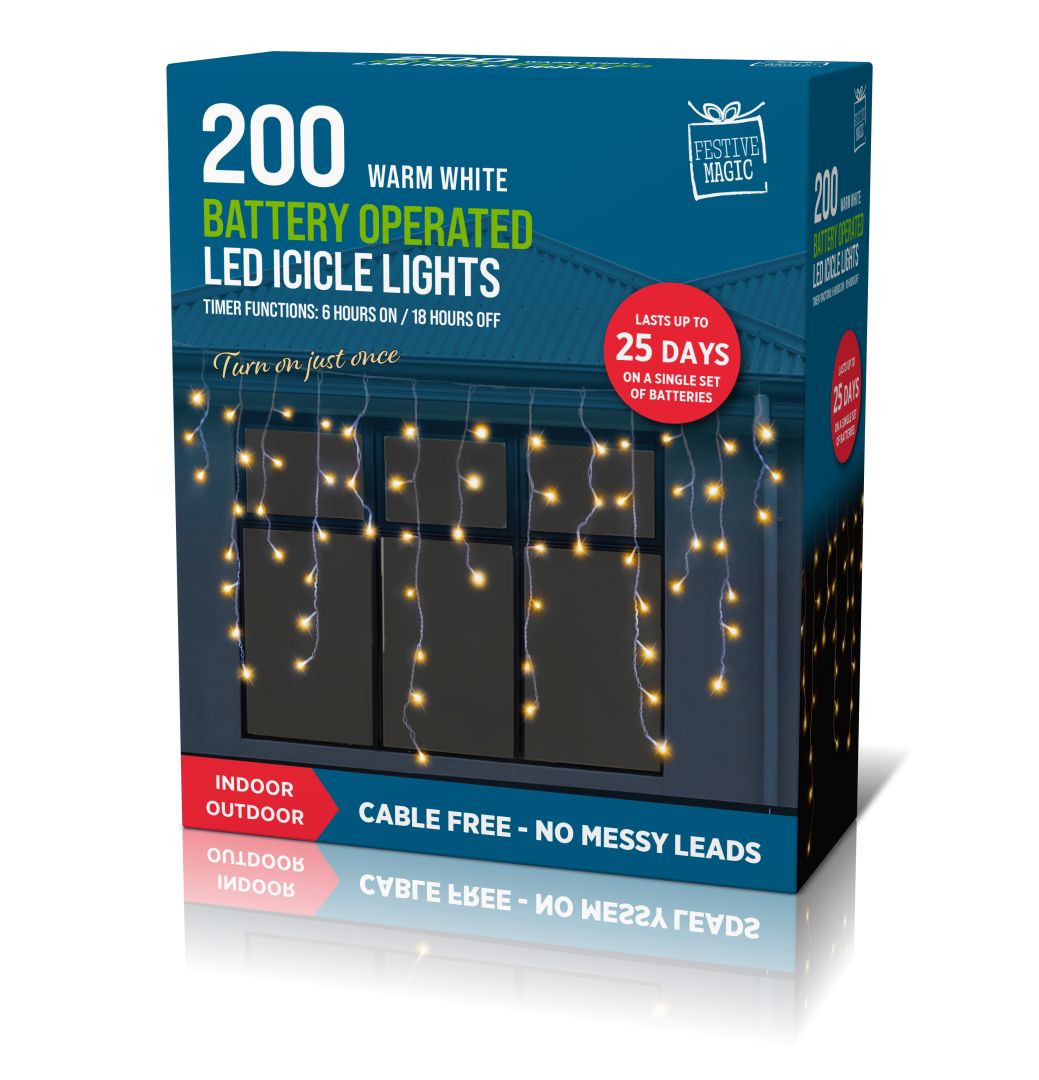 LED Timer Icicle Lights 200 Warm White