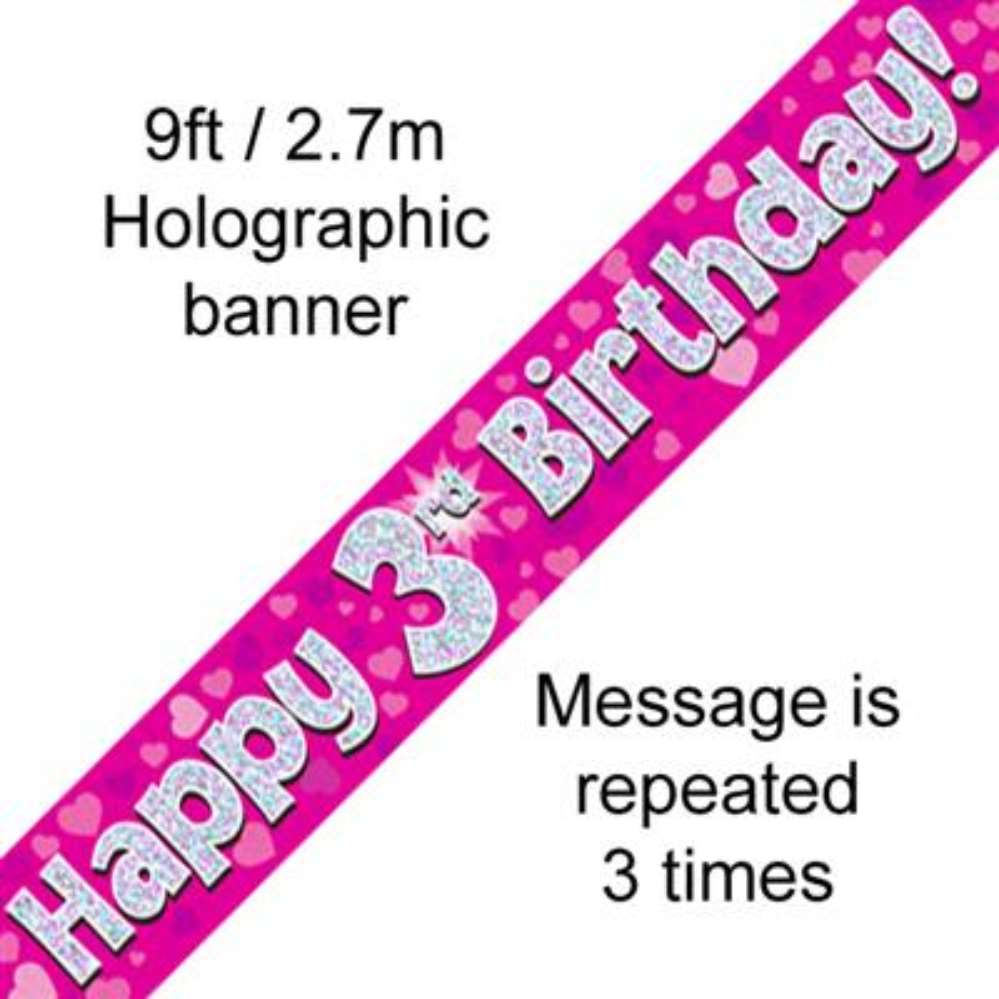 9ft Banner Happy 3rd Birthday Pink - Tiger Feet Ireland