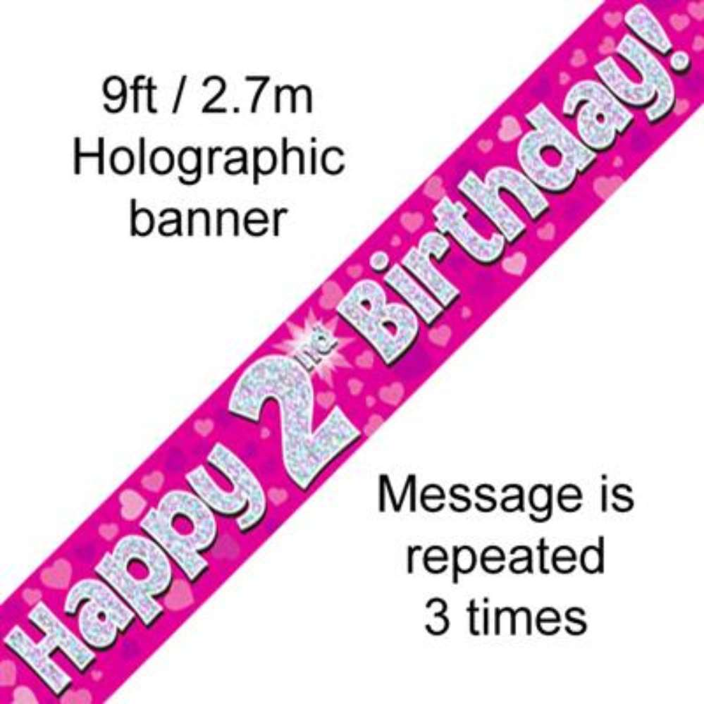 9ft Banner Happy 2nd Birthday Pink - Tiger Feet Ireland