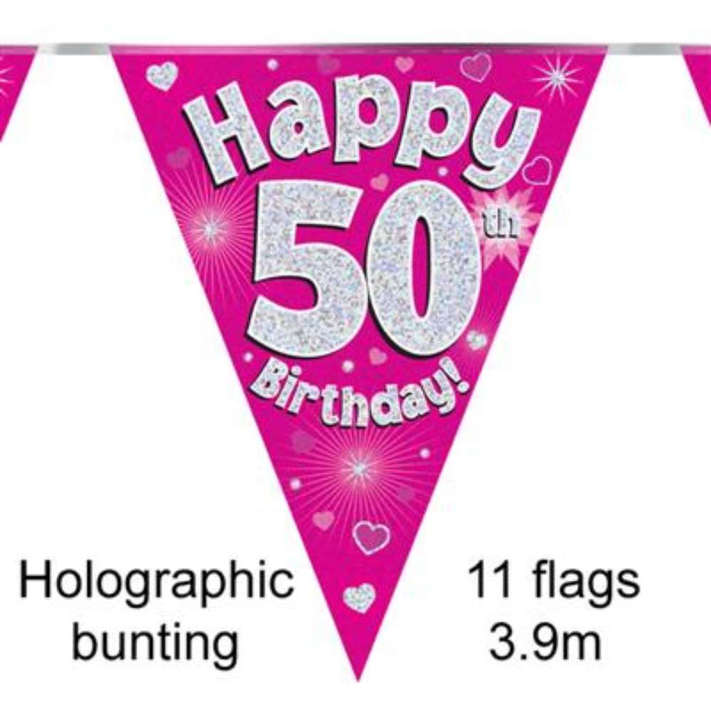 Party Bunting Happy 50th Bday Pink Holo 11 - Tiger Feet Ireland