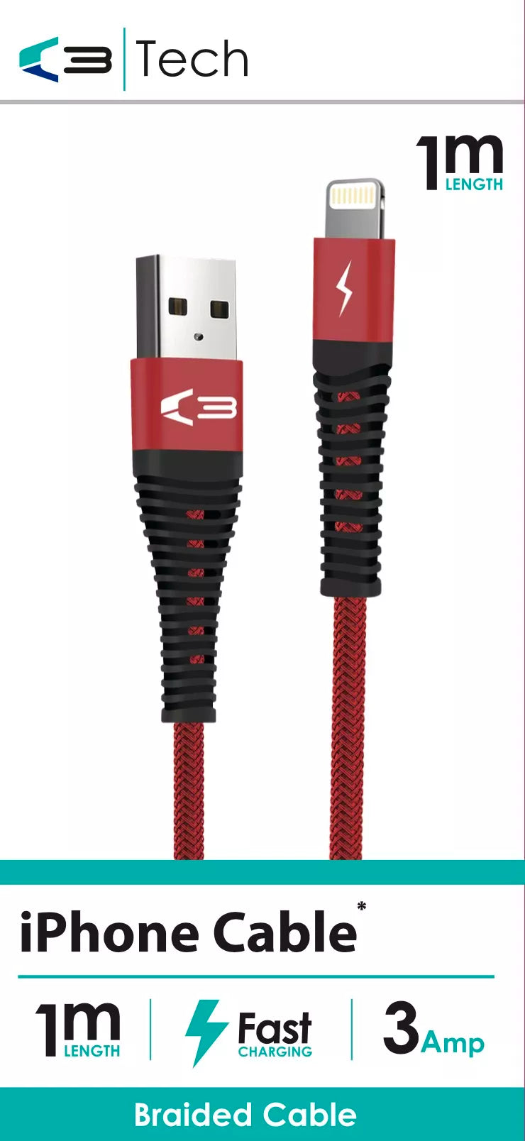 Braided Cable iPhone 1m 3Amp - Tiger Feet Ireland