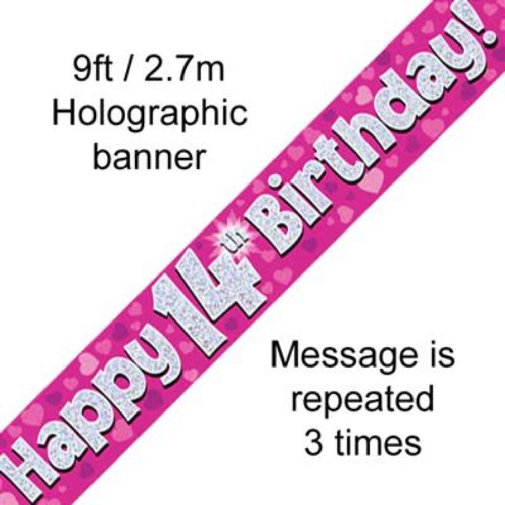 9ft Banner Happy 14th Birthday Pink - Tiger Feet Ireland