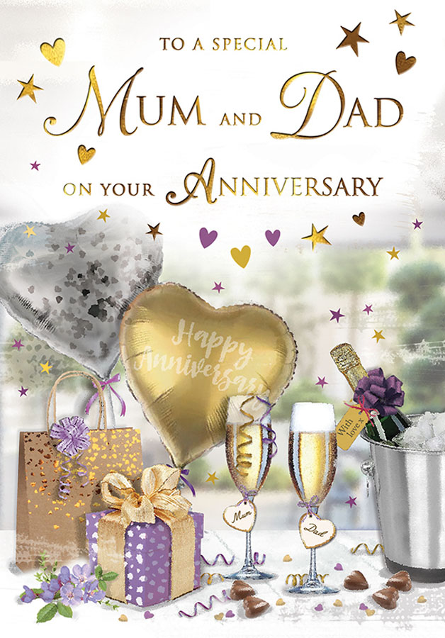 6pk Cards C75 Anniversary Mum & Dad Flutes & Gifts - Tiger Feet Ireland
