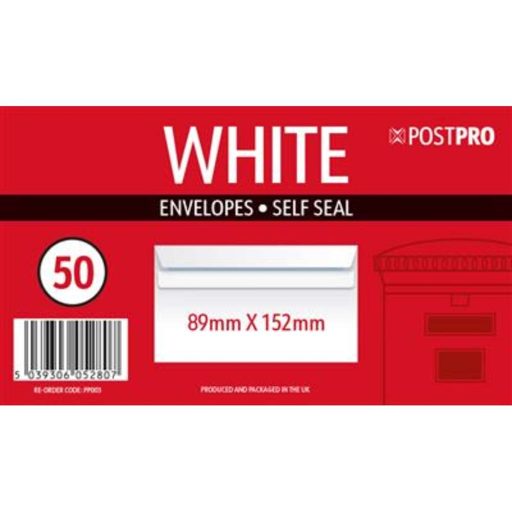 50pk Envelopes 89x152mm White Self Seal - Tiger Feet Ireland