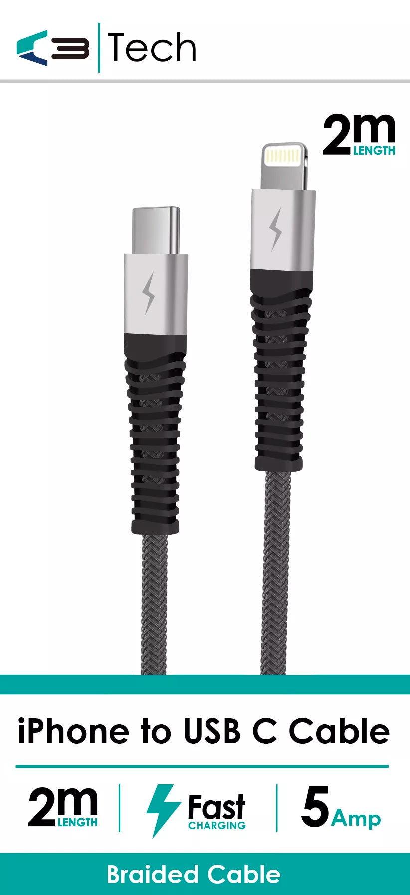 Braided Cable iPhine to USB C 2m 3Amp - Tiger Feet Ireland