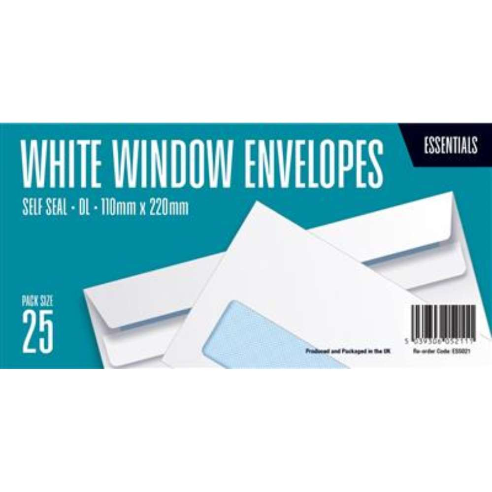 25pk Envelopes DL 110x220mm Window Self Seal White - Tiger Feet Ireland