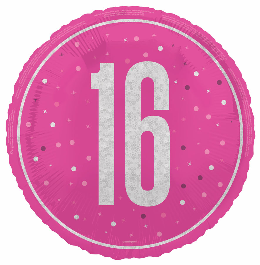 Foil Balloon 18" Rnd Glitz Pink 16th - Tiger Feet Ireland