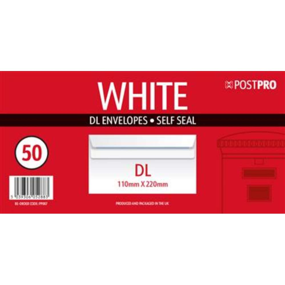50pk Envelopes DL 110x220mm White Self Seal - Tiger Feet Ireland