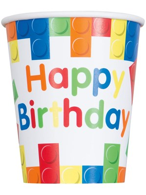 8ct 9oz Paper Cups Happy Birthday Building Blocks - Tiger Feet Ireland