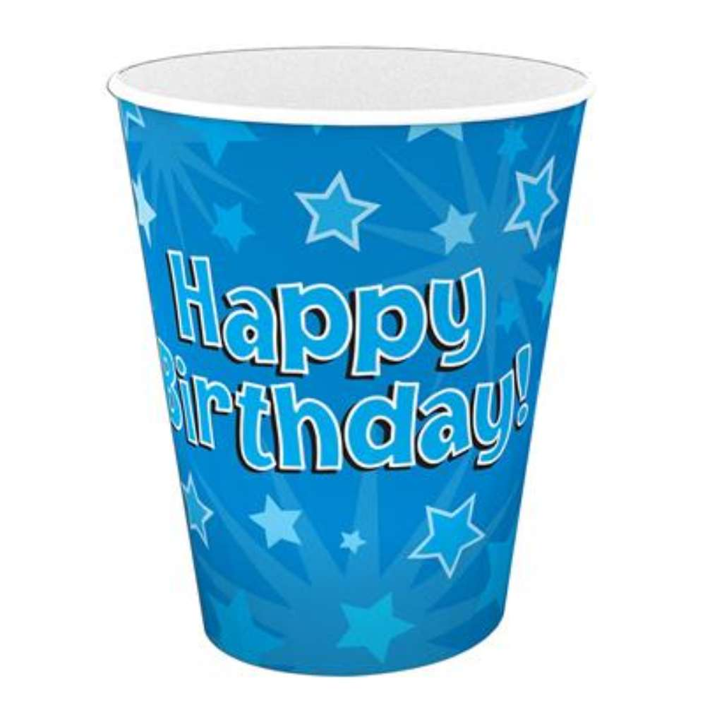 8ct Paper Cups 9oz Blue Happy Birthday - Tiger Feet Ireland