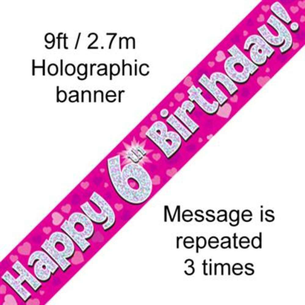 9ft Banner Happy 6th Birthday Pink - Tiger Feet Ireland