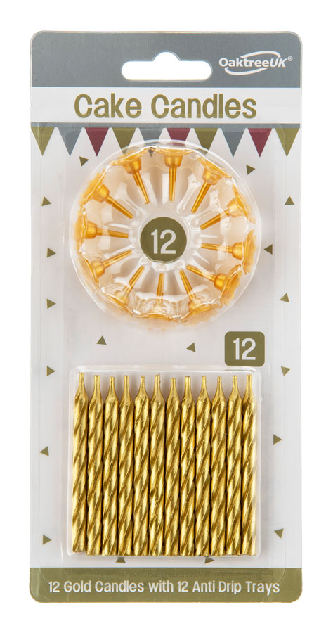 12 Spiral Cake Candles Metallic Gold & Holders - Tiger Feet Ireland