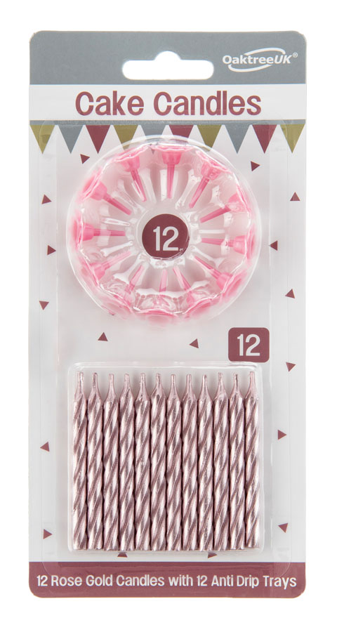 12 Spiral Cake Candles Metallic Rose Gold Holders - Tiger Feet Ireland