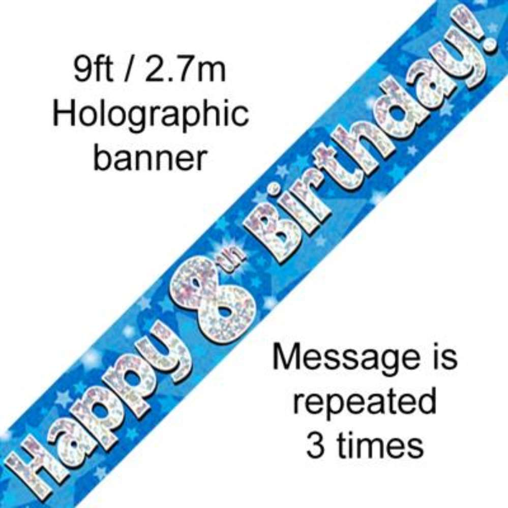 9ft Banner Happy 8th Birthday Blue - Tiger Feet Ireland