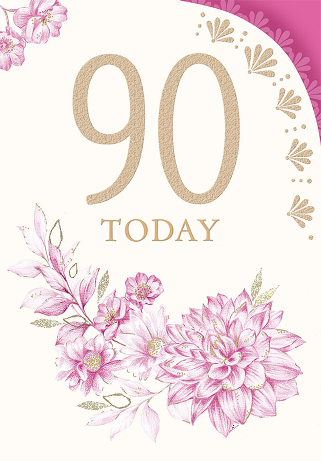 6pk Cards ED C75 Age 90 Fem Pink Flowers - Tiger Feet Ireland