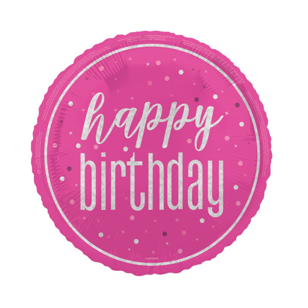 Foil Balloon 18in Round Glitz Pink Happy Birthday - Tiger Feet Ireland