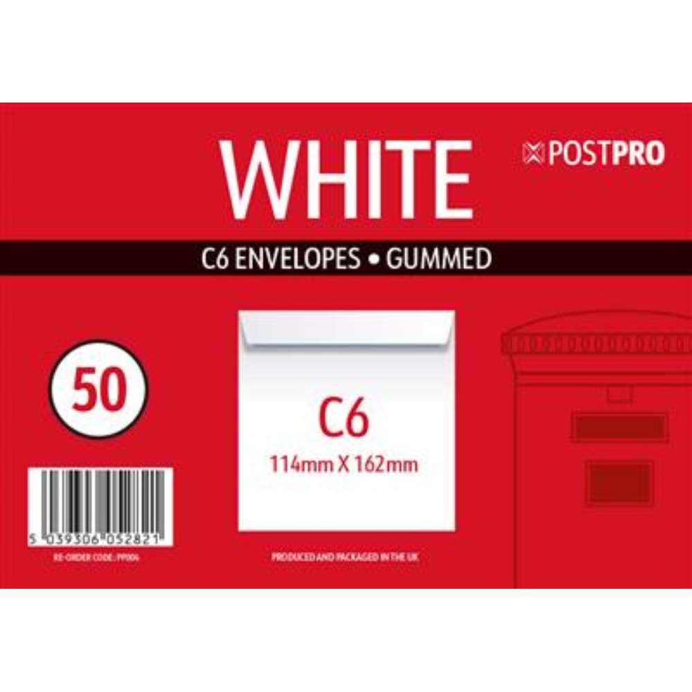50pk Envelopes C6 114x162mm White Gummed - Tiger Feet Ireland