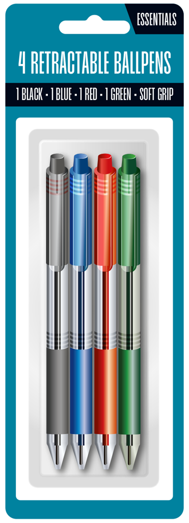4pk Ball Pen Retractable Assorted - Tiger Feet Ireland