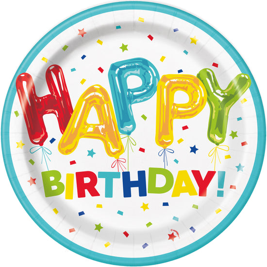 8ct Paper Plates 9" Round Happy Birthday Balloon
