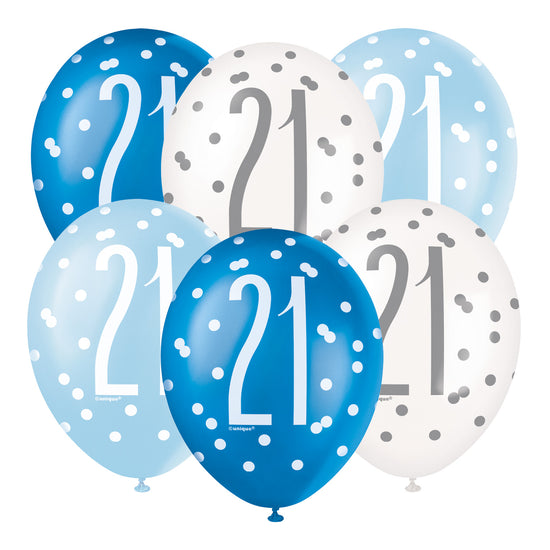 Blue & White Glitz 21st Birthday Latex Balloons 6p