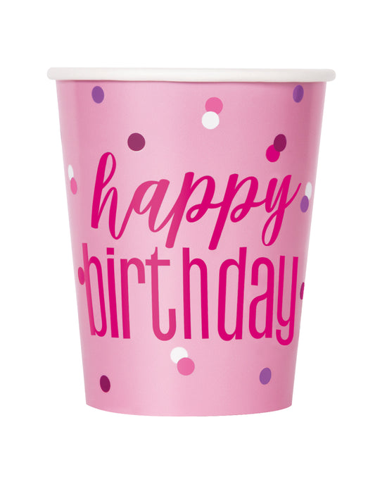 8pk Cups 9oz Glitz Happy Birthday Pink