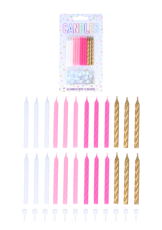 24Pcs White, Pink & Gold Candles W/ Holder