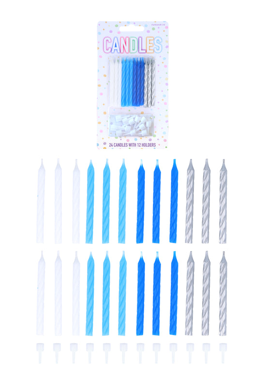 24Pcs Blue, White & Silver Candles W/Holde
