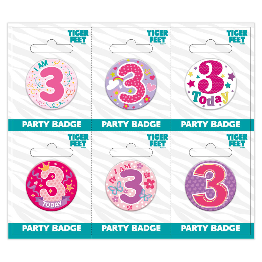 6pk Small Badges Birthday Age 3 - Tiger Feet Ireland