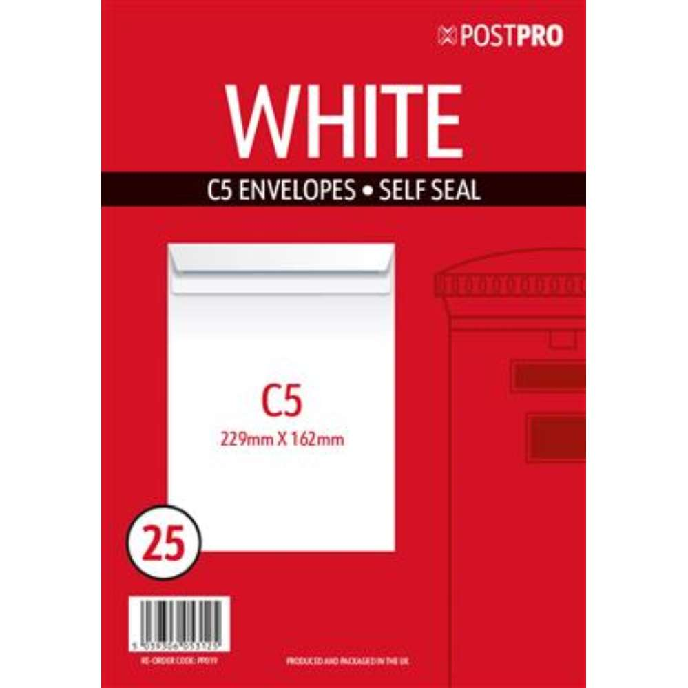 25pk Envelopes C5 162x229mm Self Seal White - Tiger Feet Ireland