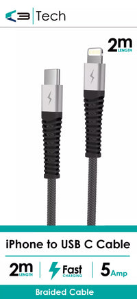 Braided Cable iPhine to USB C 2m 3Amp - Tiger Feet Ireland