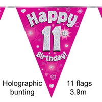 Party Bunting Happy 11th Birthday Pink Holo - Tiger Feet Ireland