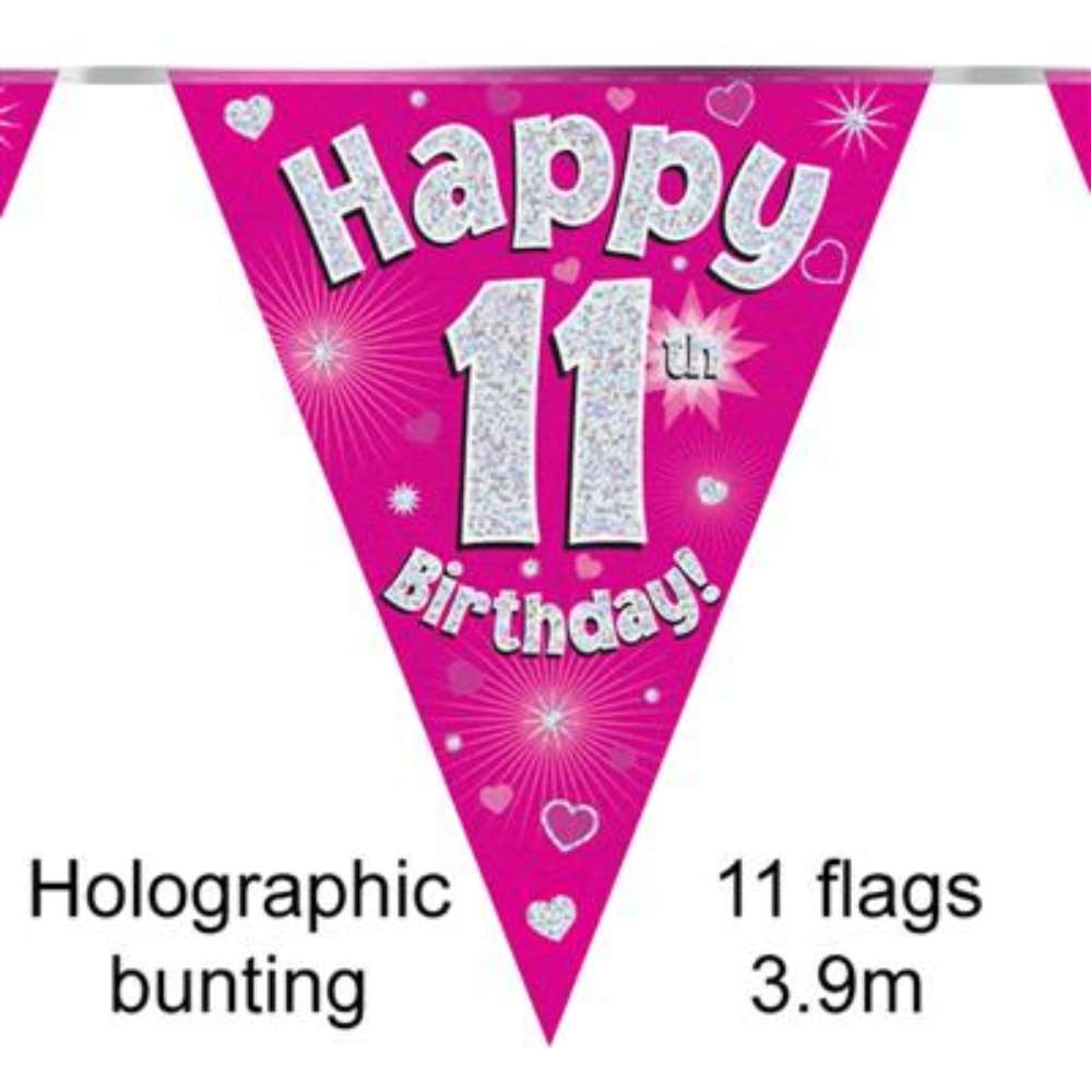 Party Bunting Happy 11th Birthday Pink Holo - Tiger Feet Ireland