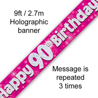 9ft Banner Happy 90th Birthday Pink - Tiger Feet Ireland