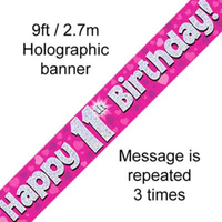 9ft Banner Happy 11th Birthday Pink - Tiger Feet Ireland