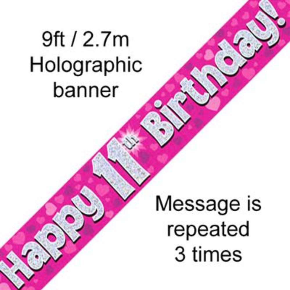 9ft Banner Happy 11th Birthday Pink - Tiger Feet Ireland