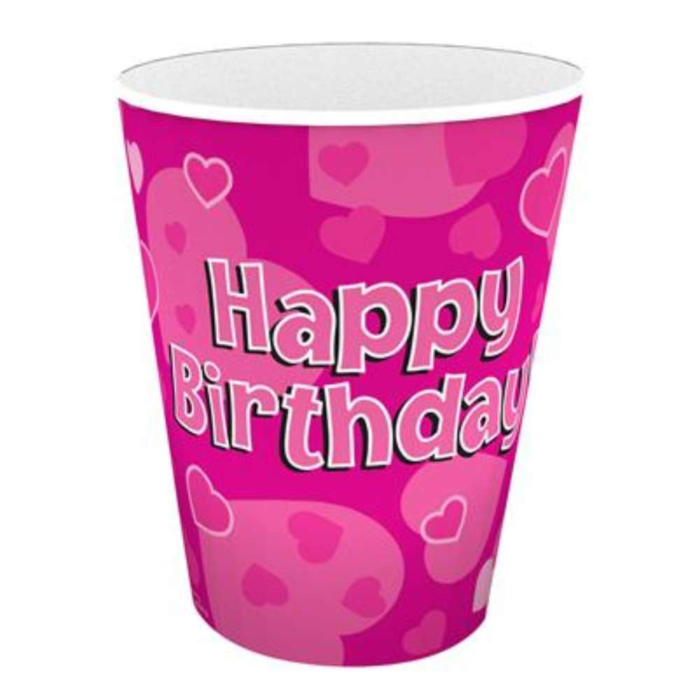 8ct Paper Cups 9oz Pink Happy Birthday - Tiger Feet Ireland