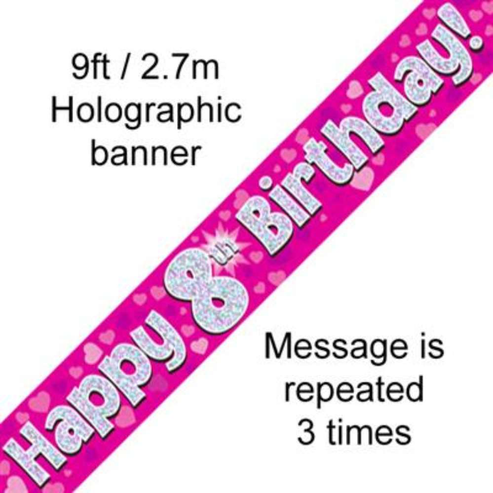 9ft Banner Happy 8th Birthday Pink - Tiger Feet Ireland