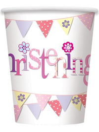 8ct Paper Cups 9oz Pink Bunting Christening - Tiger Feet Ireland