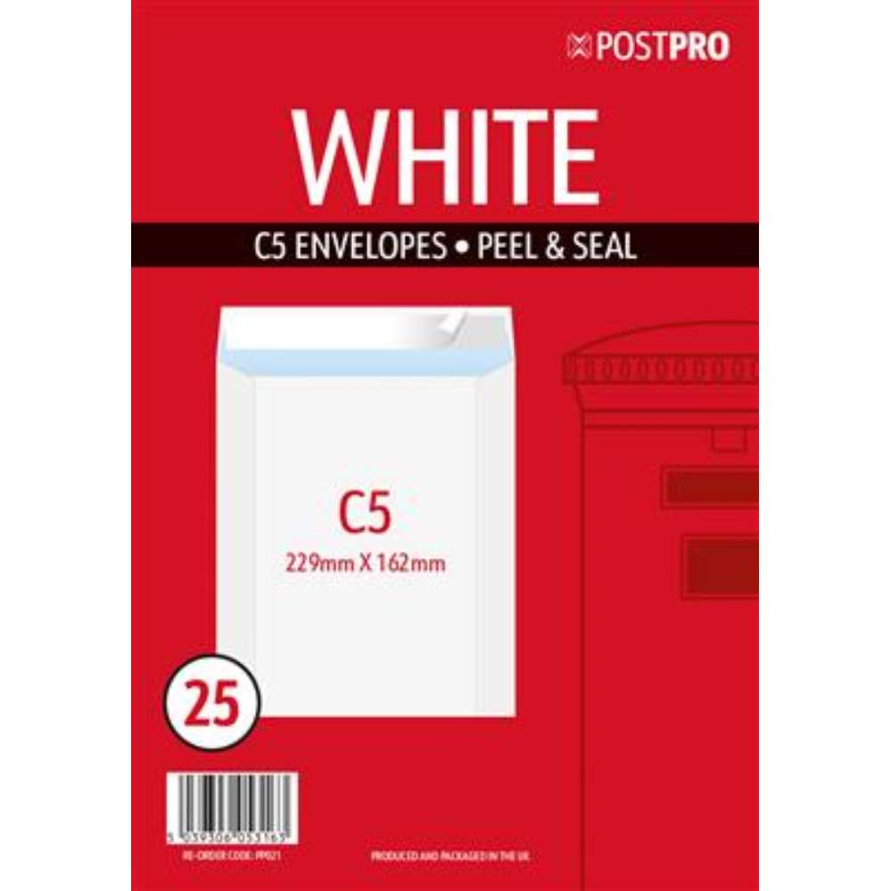 25pk Envelopes C5 162x229mm Peal&Seal White - Tiger Feet Ireland
