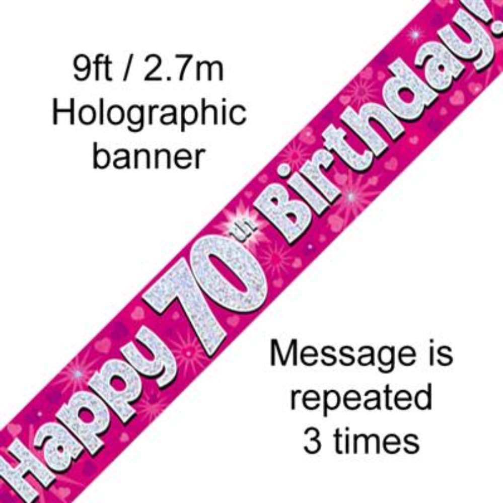 9ft Banner Happy 70th Birthday Pink - Tiger Feet Ireland