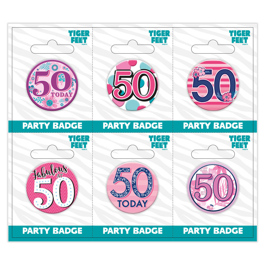 6pk Small Badges Birthday Age 50 - Tiger Feet Ireland