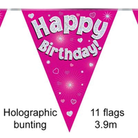 Party Bunting Happy Bday Pink Holo 11 flags - Tiger Feet Ireland